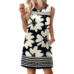 Women’s Black & White Lace Tank Dress Sleeveless Loose Fit Dress with Pockets